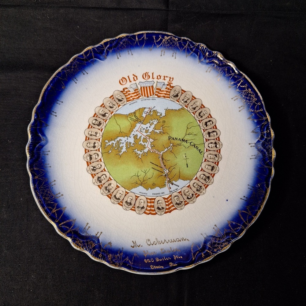 Antique Sterling China Panama Canal Old Glory‎ Plate Flow Blue US Presidents 10"
